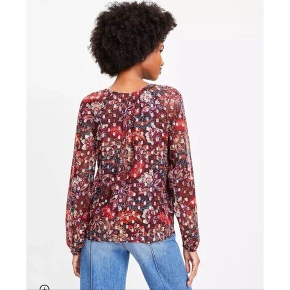 LOFT Metallic Floral Blouse Brown Red Sheer Boho Fall Top Long Sleeve Lined L - Picture 2 of 16